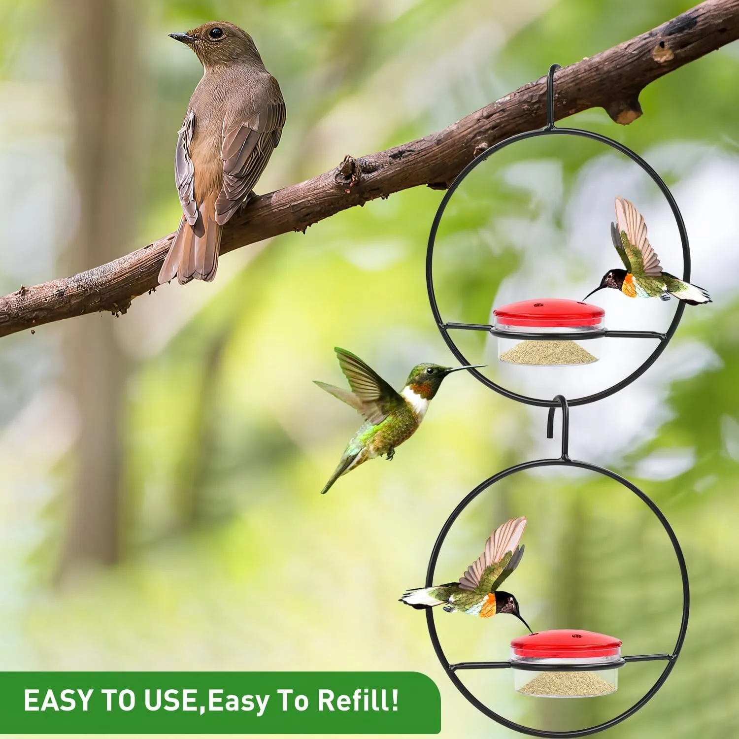 3-Pieces: Stackable Hanging Humming Bird Feeder with Metal Frame & Red Plastic Bowl