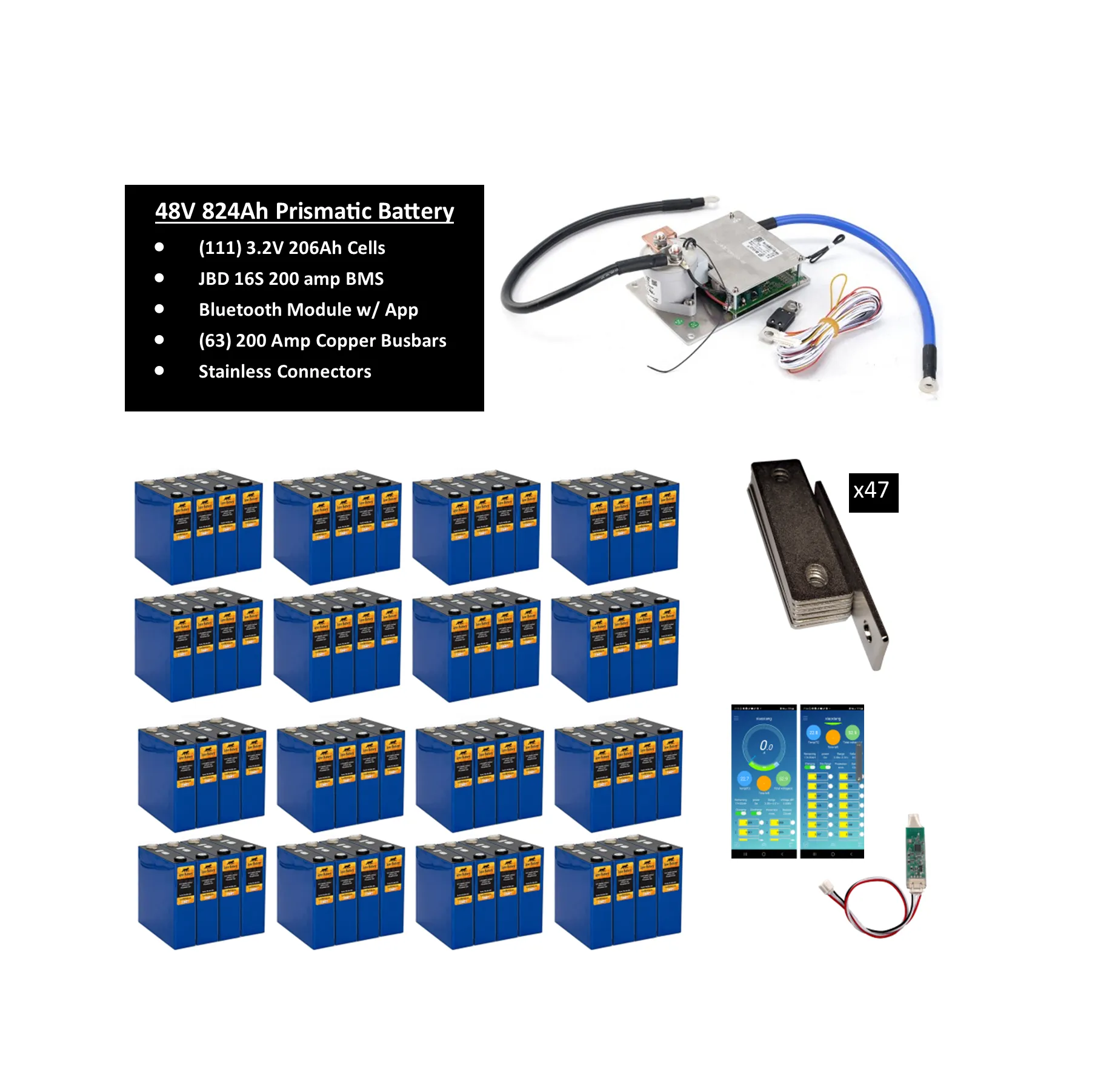 48V Lithium Iron Phosphate (LiFePO4) Battery Sets with 200A BMS