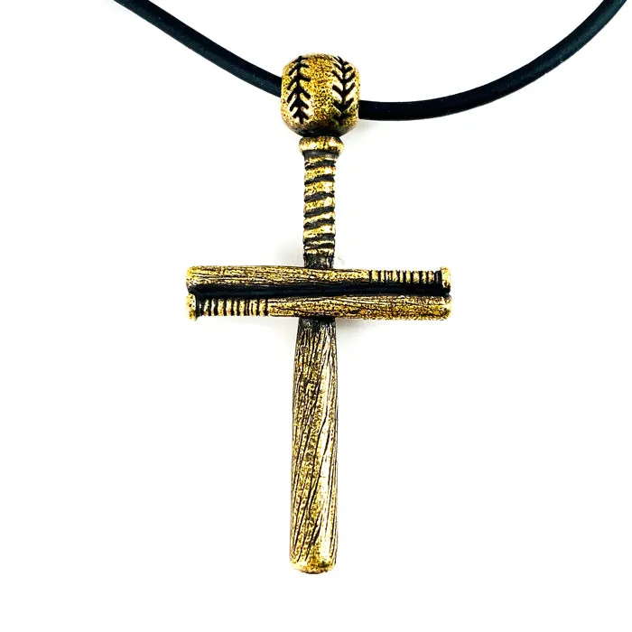 Baseball Bat And Ball Cross On Black Cord Necklace Antique Brass Finish