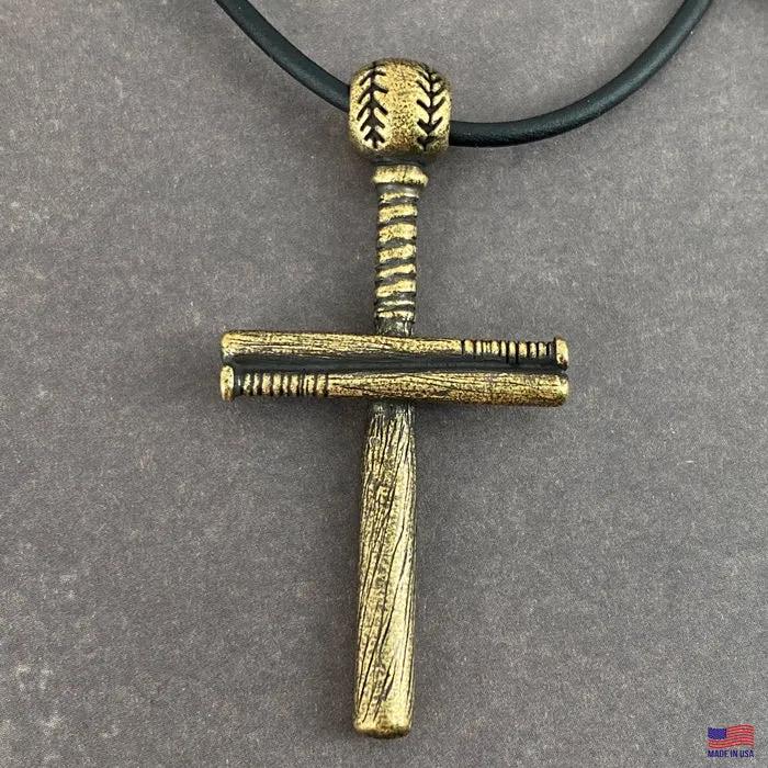 Baseball Bat And Ball Cross On Black Cord Necklace Antique Brass Finish