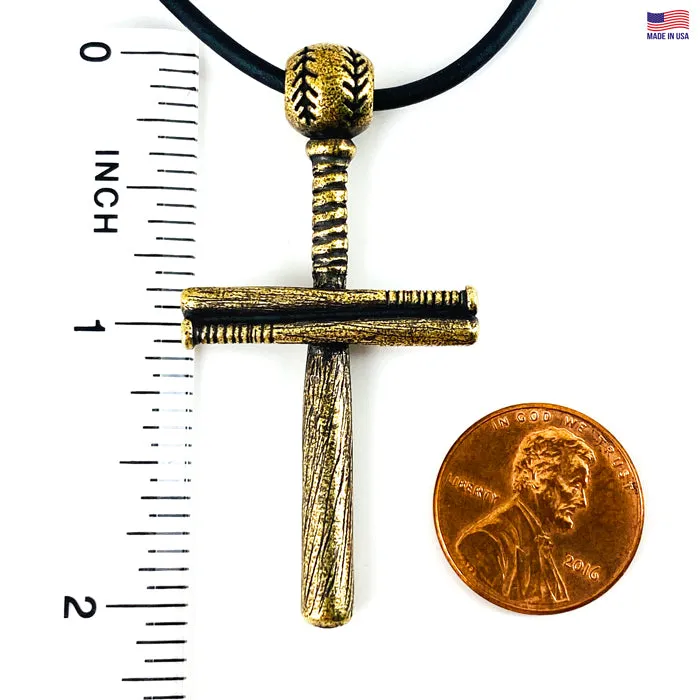 Baseball Bat And Ball Cross On Black Cord Necklace Antique Brass Finish