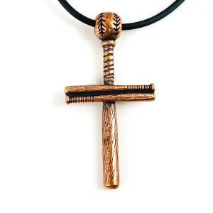 Baseball Bat And Ball Cross On Black Cord Necklace Antique Copper Finish