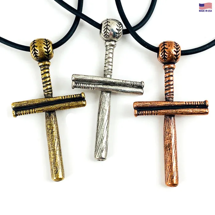 Baseball Bat And Ball Cross On Black Cord Necklace Antique Copper Finish