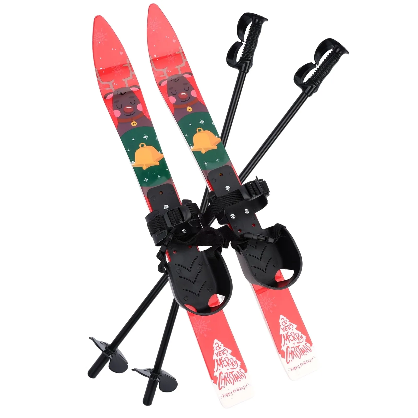 everyday Hicess Kid Beginner Snow Skis and Poles, Low-Resistant Ski Boards for Age 4 and Under, Lightweight Sturdy Safe Kids Skiing Equipment, with Christmas Themed Pattern, Adjustable Buckle