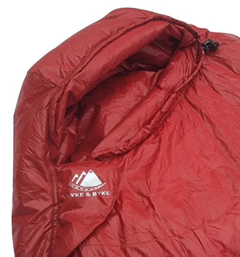 Hyke & Byke Ultralight Down Sleeping Bag: 3-Season 32 Degree Mummy Bag Under 2 LBS - The Lightest, Highest Quality Bag for Thru Hiking, Backpacking, and Camping (Maroon, Regular)