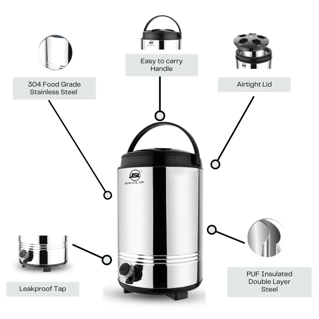 JSI Hot and Cold Water Containers/Jug with Leak Proof Tap (10 Liter, Silver-Black) PUF Insulated Hot and Cold Water Dispenser for Office Home Kitchen - Easy to Carry Handle - Travel Water Jug