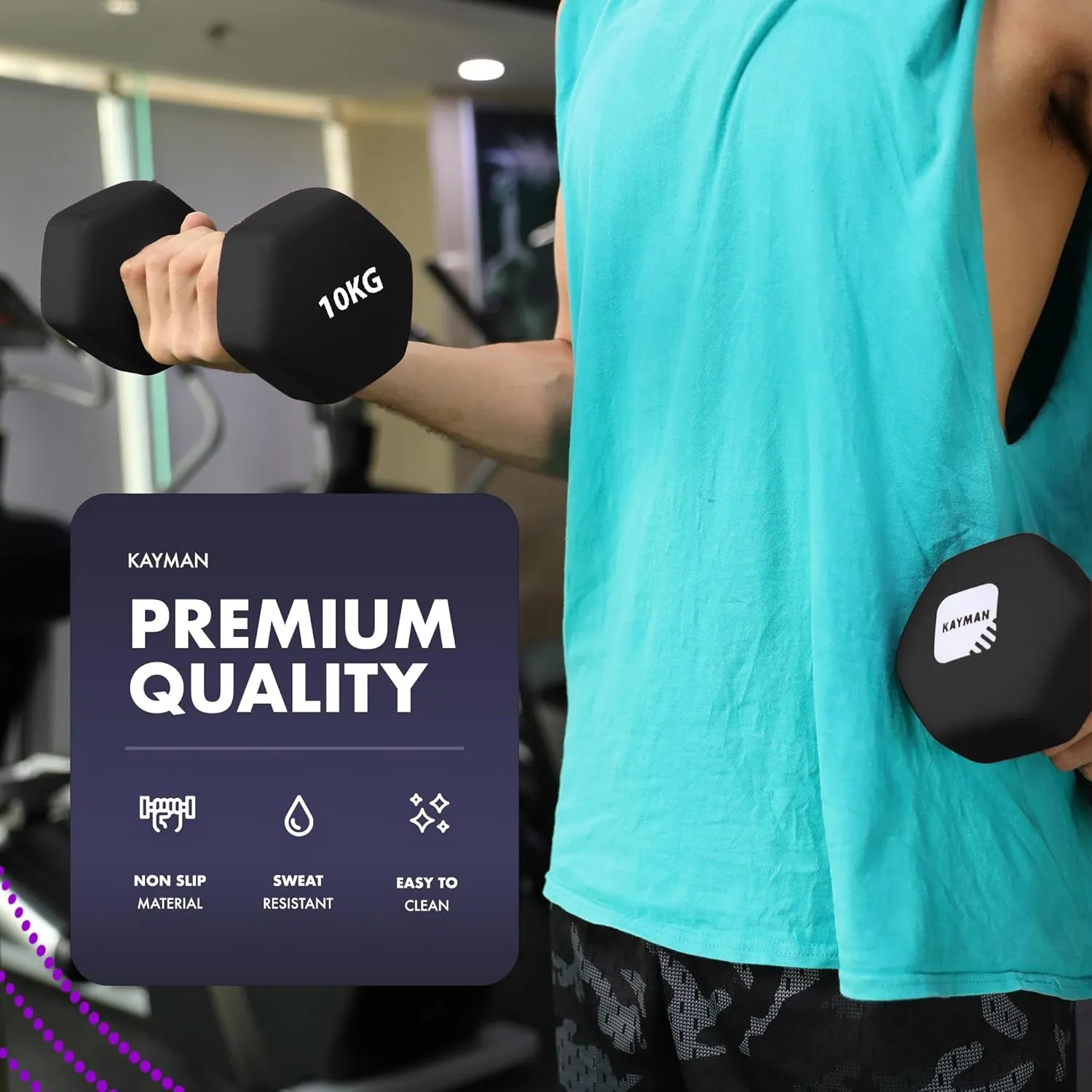 KAYMAN Neoprene Dumbbell Pair with Anti-Slip Grip, Hex Edges, Water-Resistant Surface & Workout Poster Guide - Weight Set for Home, Gym & Fitness Training Equipment (1kg 2kg 3kg 4kg 5kg 6kg 8kg 10kg)