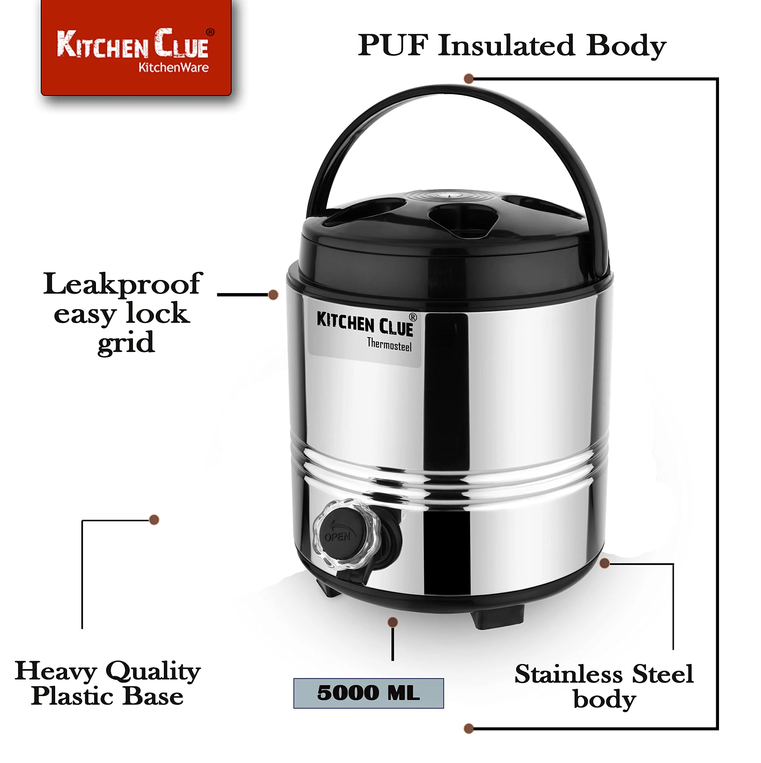 KITCHEN CLUE Stainless Steel Water Jug 5 Liters - Big Size I Water Storage Container for Kitchen Home I HOT and Cold Water Dispenser for Travel, Picnic, Office - Ideal for Gifting