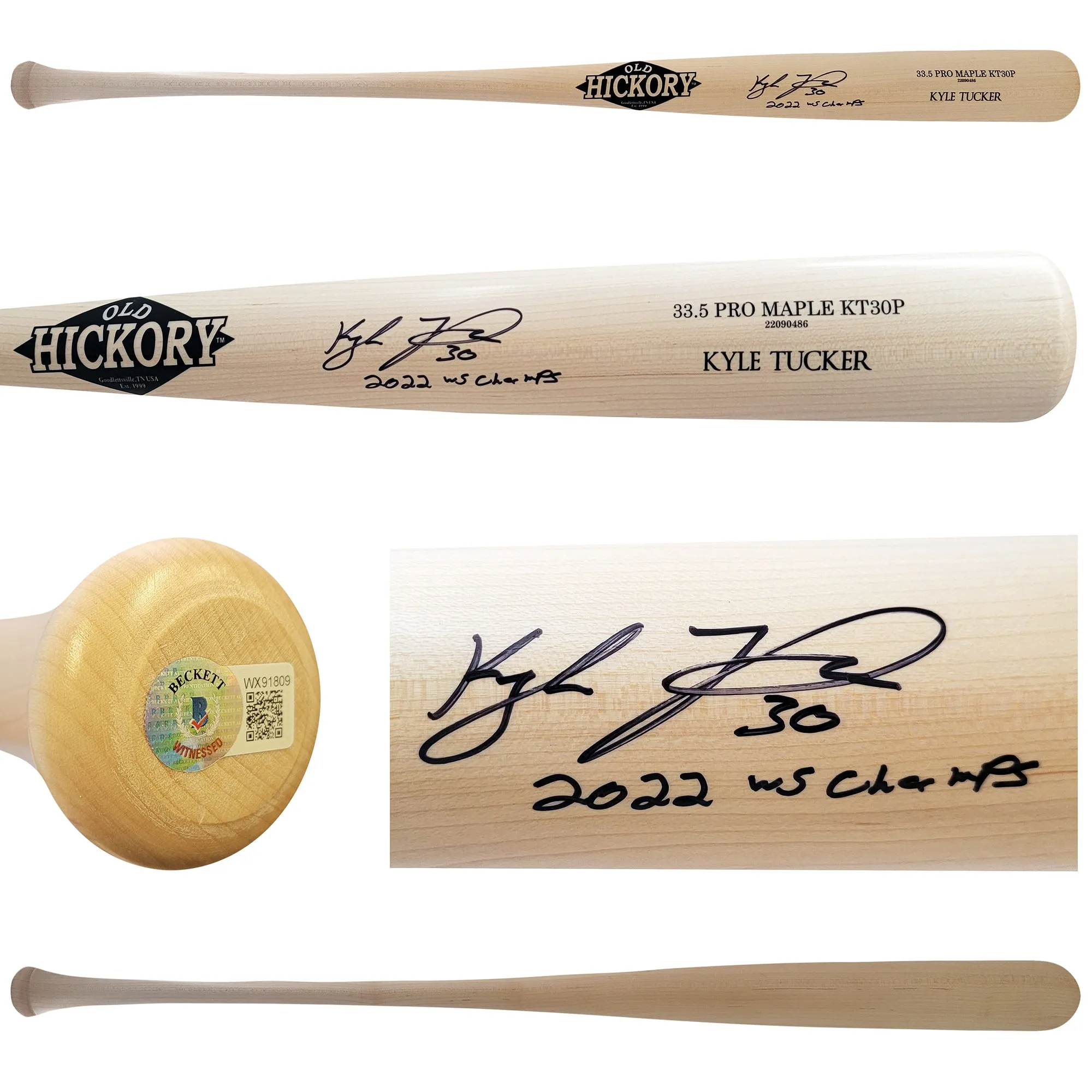 Kyle Tucker Autographed Blonde Old Hickory Player Model Bat Houston Astros "2022 WS Champs" Beckett BAS Witness Stock #210078