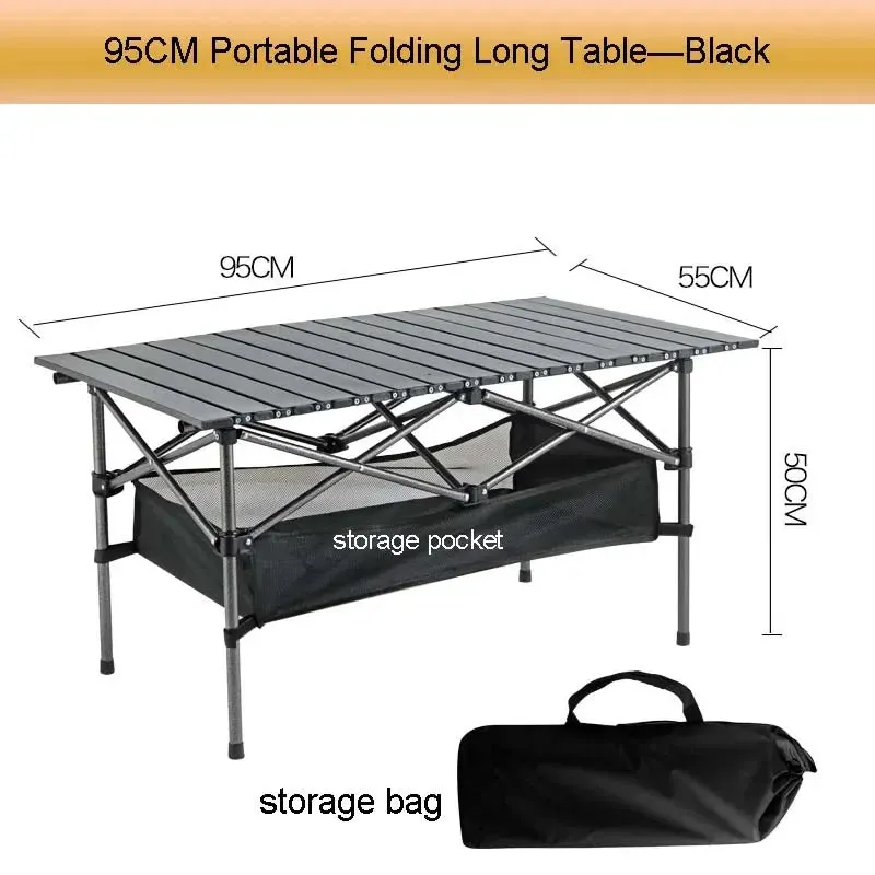 Outdoor Folding Long Table Portable Storage Black Camping Desk Barbecue Easy To Install With Net Bag Light Stable Desk Table