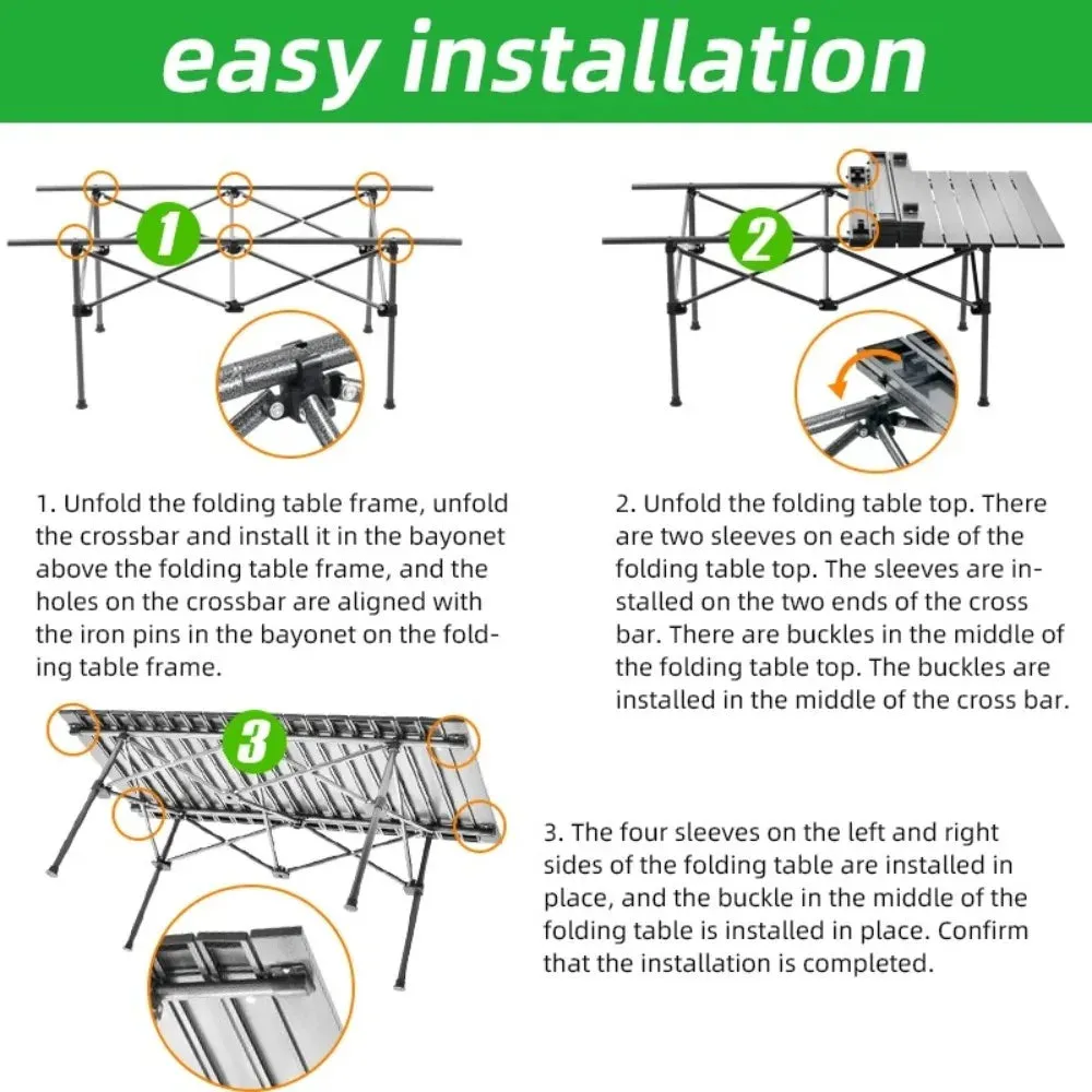 Outdoor Folding Long Table Portable Storage Black Camping Desk Barbecue Easy To Install With Net Bag Light Stable Desk Table