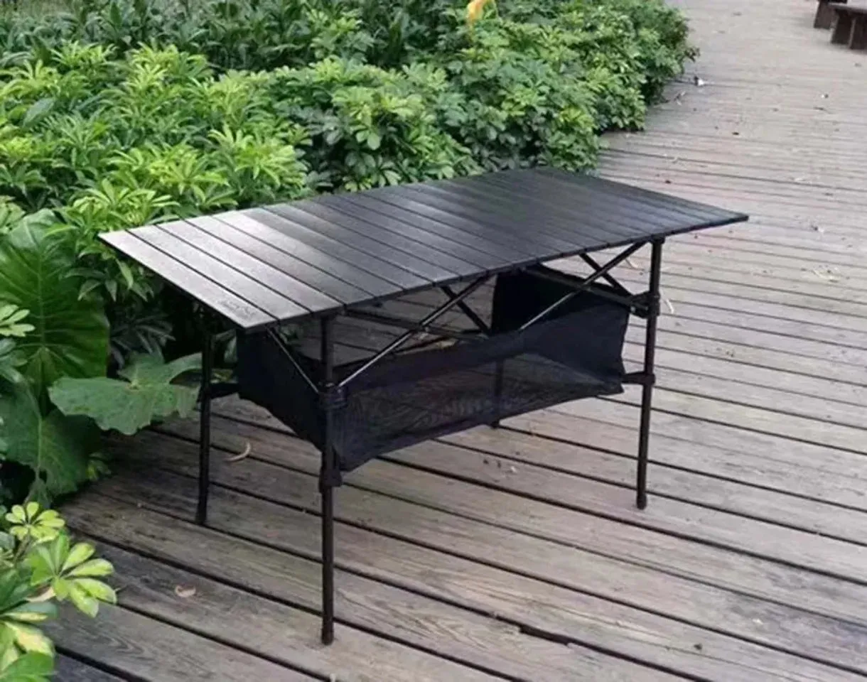 Outdoor Folding Long Table Portable Storage Black Camping Desk Barbecue Easy To Install With Net Bag Light Stable Desk Table