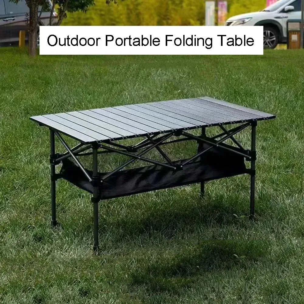 Outdoor Folding Long Table Portable Storage Black Camping Desk Barbecue Easy To Install With Net Bag Light Stable Desk Table