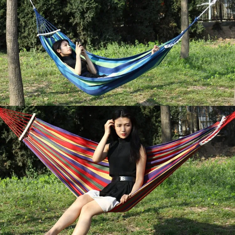 Outdoor Rollover-resistant Double Person Canvas Hammock Portable Beach Swing Bed with Wooden Sticks, Size: 190 x 150cm(Blue)