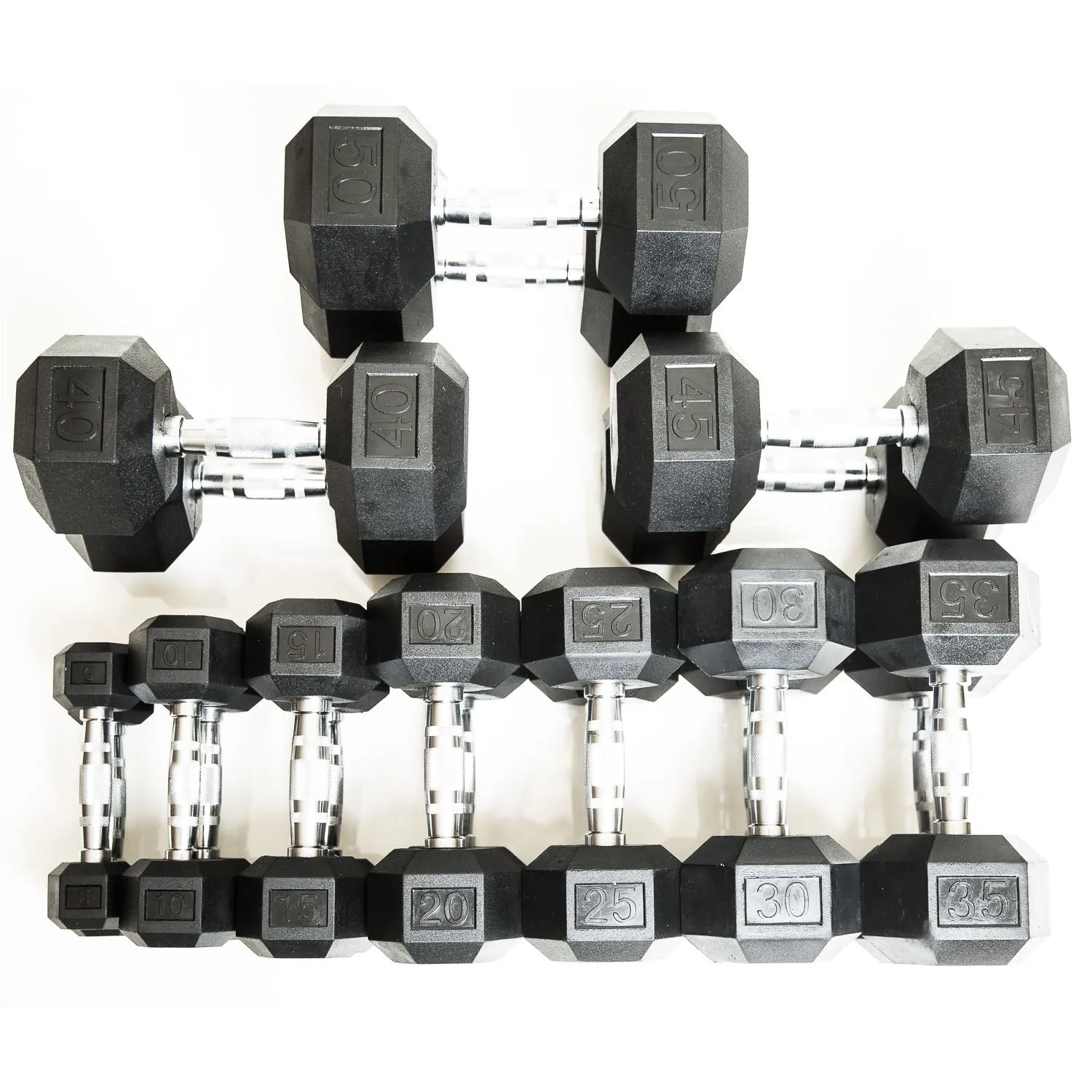 Prepacked 5-50lb Rubber Hex Dumbbell Set (Set of Pairs)