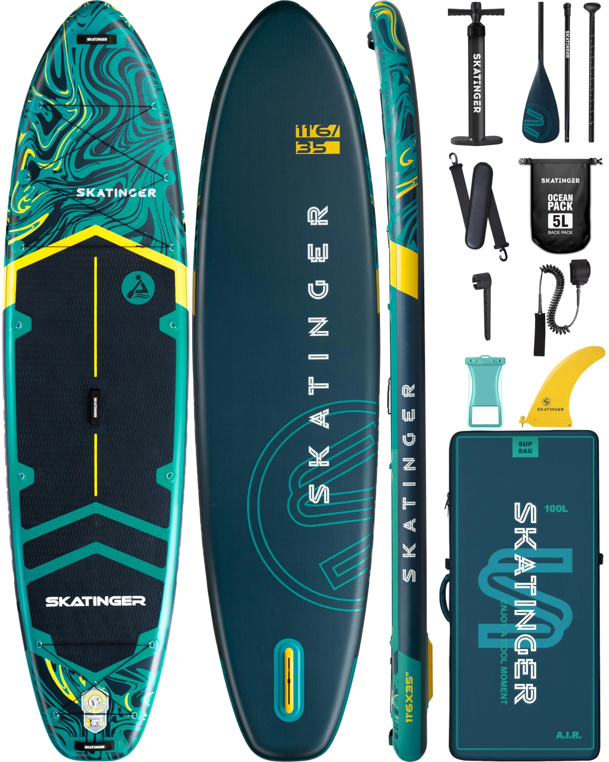 Skatinger 11'6×35" Super Wide Inflatable Stand Up Paddle Board, Ultra Stable Wide SUP for 2 1 People/Family/Big Size w/Shoulder Strap, 100L Backpack, All-Round Sup Board, US Fin