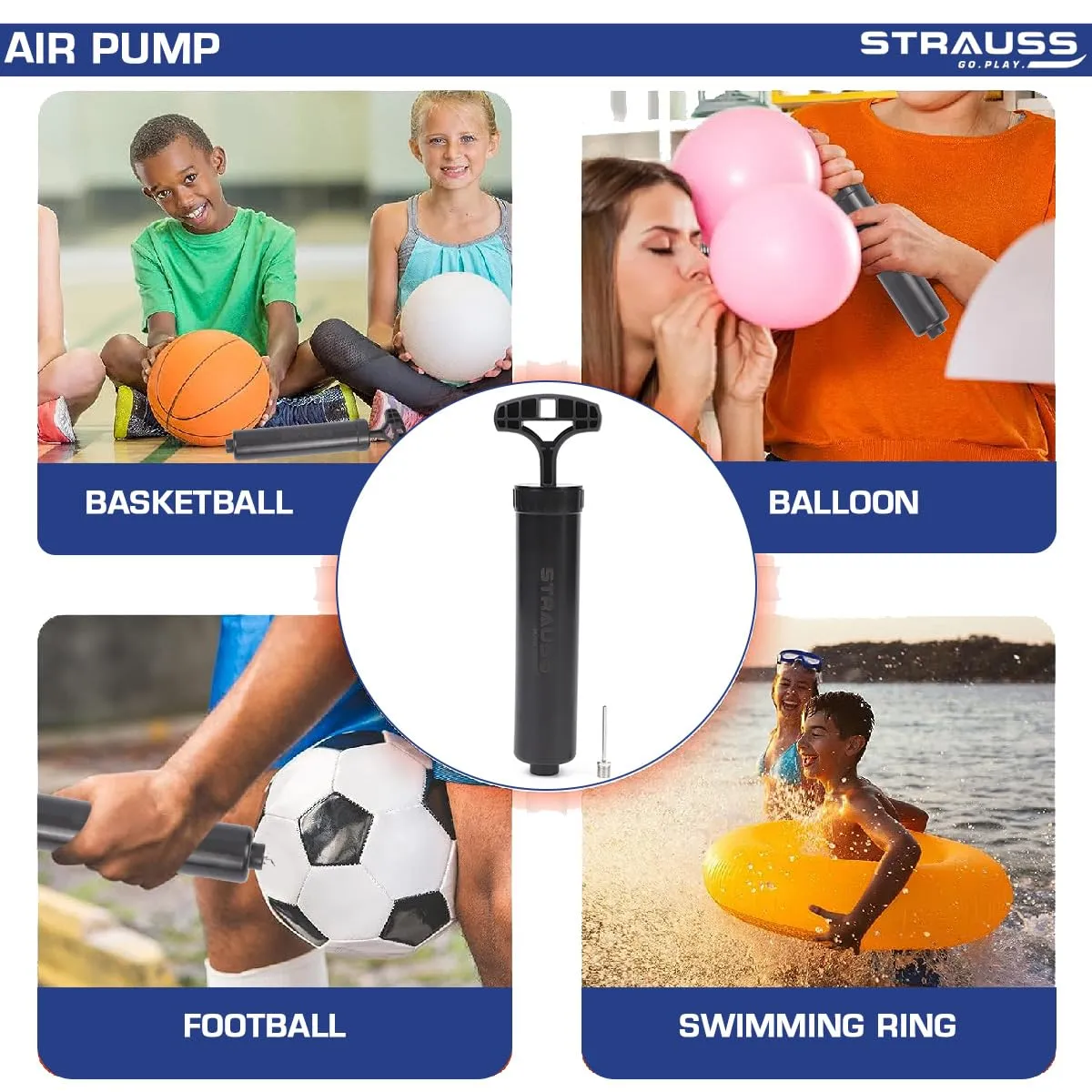 Strauss Hand Air Pump for Sports | Suitable for Football, Volleyball, Basketball, Rugby, Soccer Ball, Other Inflatable Balls | Air Inflator with Stainless Steel Pin (1 pcs), (Black)