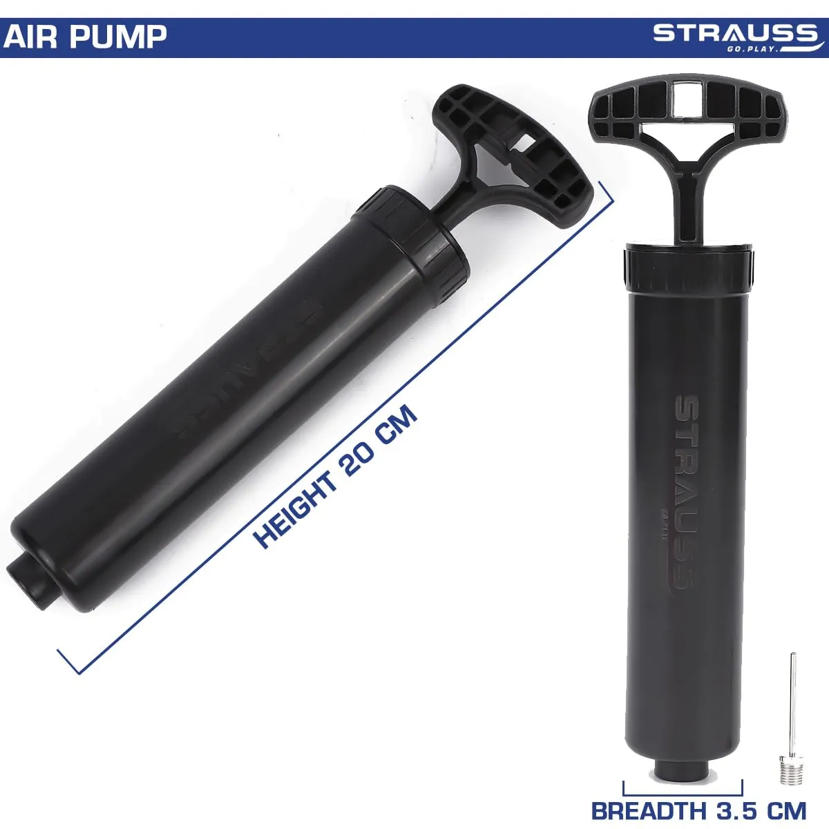 Strauss Hand Air Pump for Sports | Suitable for Football, Volleyball, Basketball, Rugby, Soccer Ball, Other Inflatable Balls | Air Inflator with Stainless Steel Pin (1 pcs), (Black)