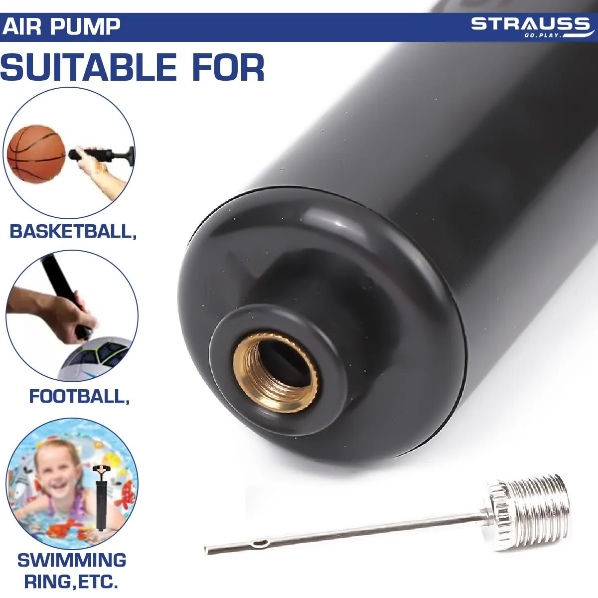 Strauss Hand Air Pump for Sports | Suitable for Football, Volleyball, Basketball, Rugby, Soccer Ball, Other Inflatable Balls | Air Inflator with Stainless Steel Pin (1 pcs), (Black)