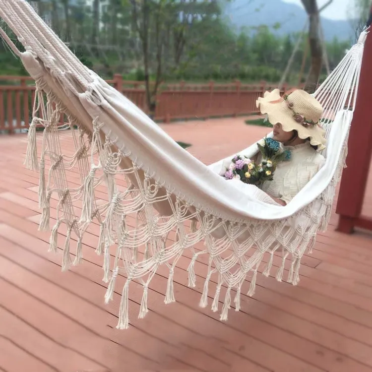 Tassel Hammock Double Canvas Hammock Outdoor Indoor Photography Props, Specification:240x150cm White