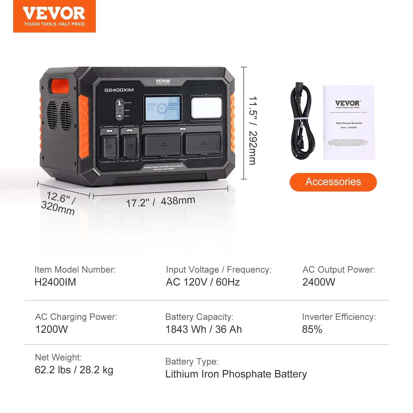 Vevor 1843Wh/2400W Portable Power Station Solar Generator New